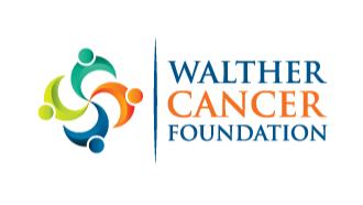 Walther Cancer Foundation in blue and orange, with blue, green, light green, and dark blue spirals to left.