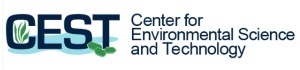 CEST, Center for Environmental Science and Technology. Green leaves and blue water around logo.