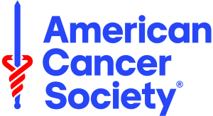 American Cancer Society in blue text, blue needle going upwards through red suture.