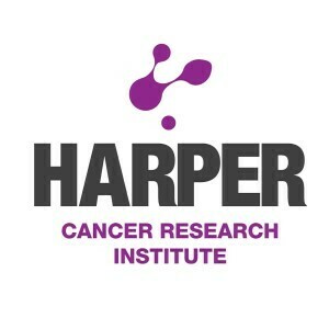 Harper Cancer Research Institute, in black and purple, with purple mark logo above.