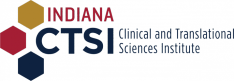 Indiana CTSI in red and black with black, gold, and red hexagons, Clinical and Translational Sciences Institute
