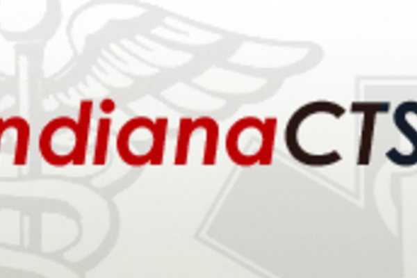 Indiana ctsi in red and black with medical logo faded in background.